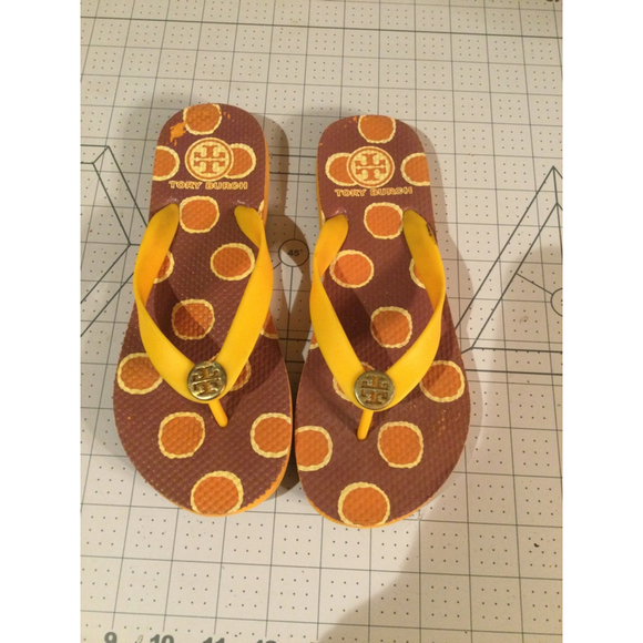 Women's Tory Burch Flip Flops Brown & Yellow Size Unknown 9/10 - Picture 1 of 4
